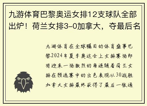 九游体育巴黎奥运女排12支球队全部出炉！荷兰女排3-0加拿大，夺最后名额