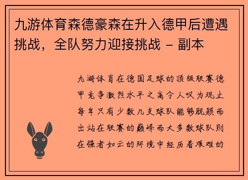 九游体育森德豪森在升入德甲后遭遇挑战，全队努力迎接挑战 - 副本